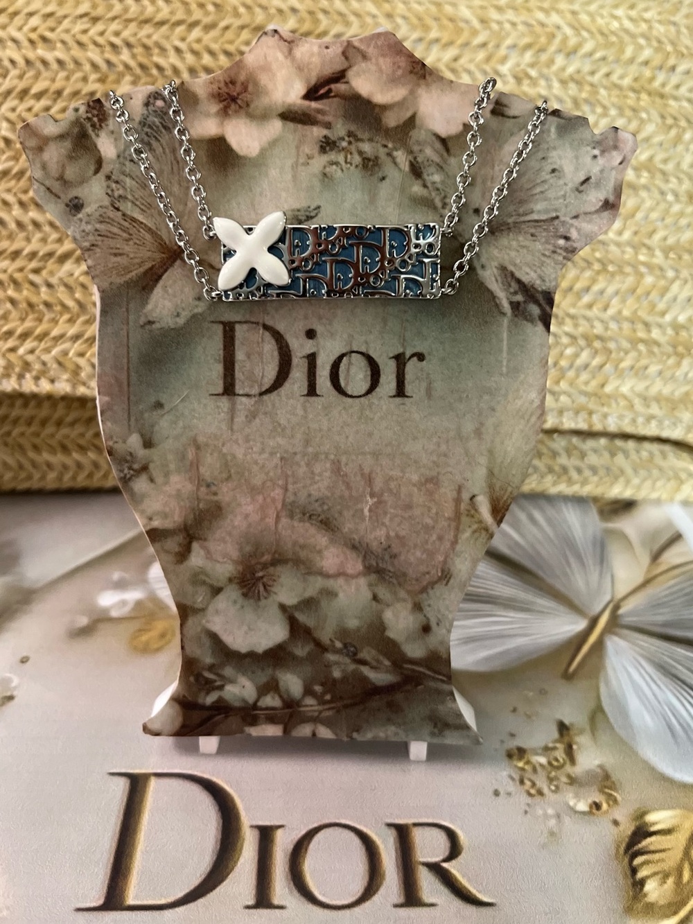 Dior choker White and Silver Bar Necklace with blue and Floral Motif